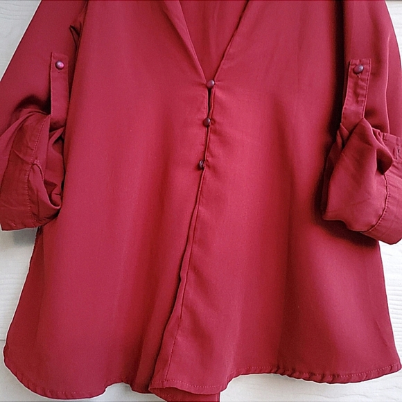 Rotita Red Burgundy Lace Overlay Long Roll-tab Sleeve V-neck Henley Tunic Top - Picture 14 of 16